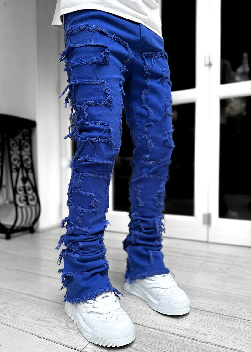 Ins Fringes Ripped Trousers Individual Patched Pants Long Tight Fit Stacked Jeans For Men's Clothing