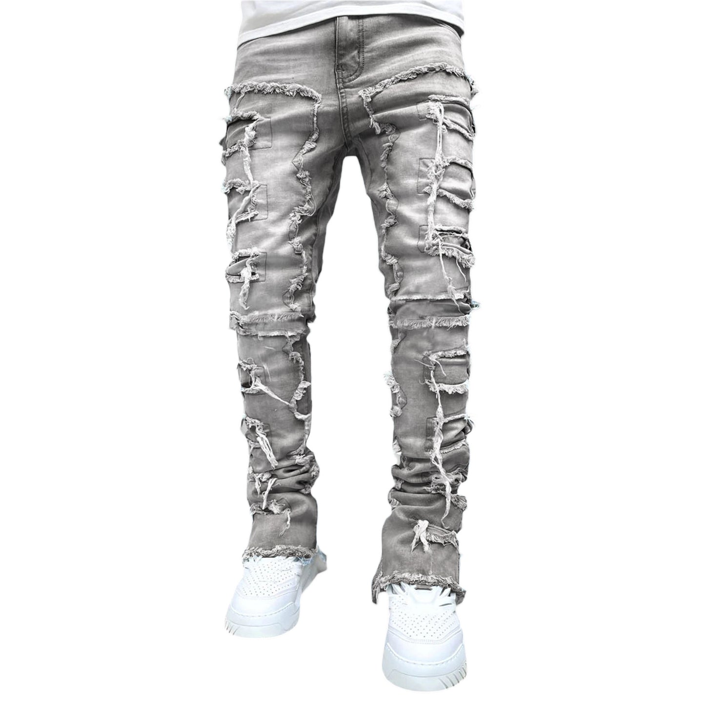 Ins Fringes Ripped Trousers Individual Patched Pants Long Tight Fit Stacked Jeans For Men's Clothing