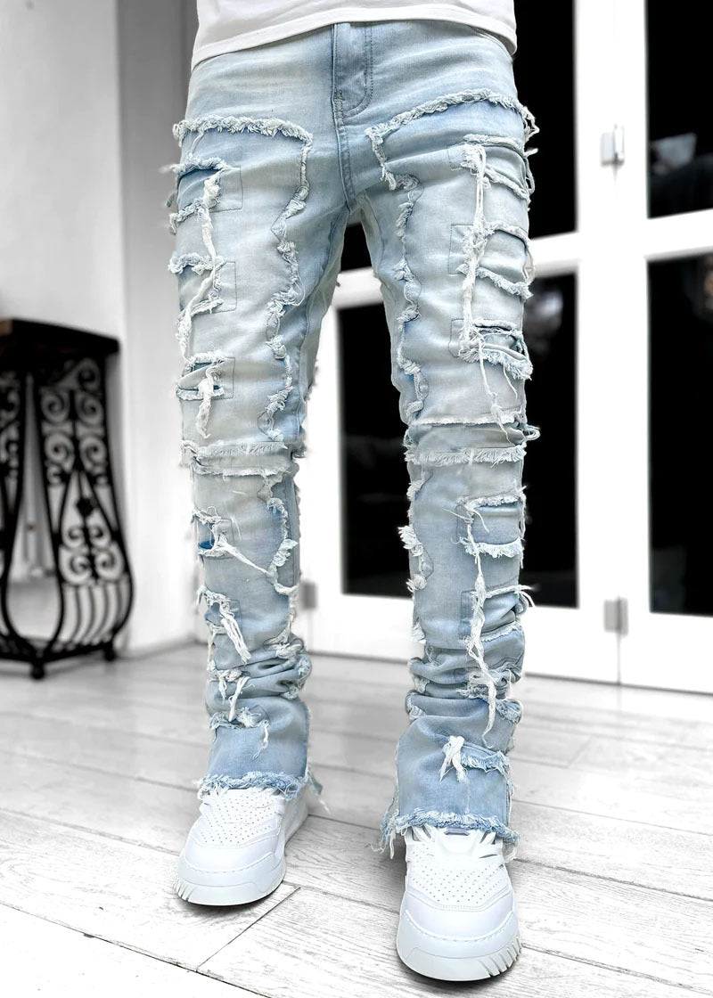 Ins Fringes Ripped Trousers Individual Patched Pants Long Tight Fit Stacked Jeans For Men's Clothing