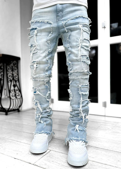 Ins Fringes Ripped Trousers Individual Patched Pants Long Tight Fit Stacked Jeans For Men's Clothing