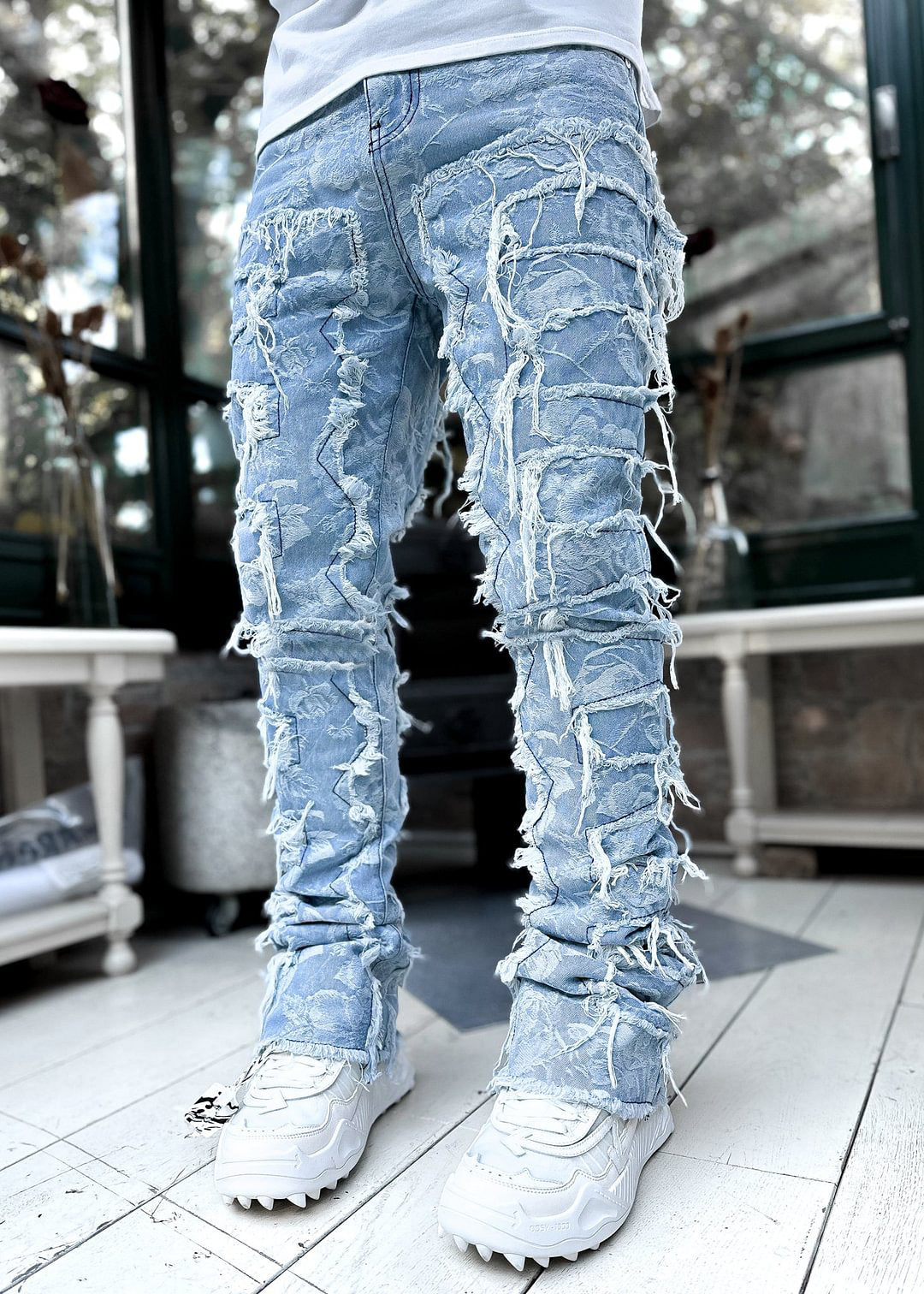 Ins Fringes Ripped Trousers Individual Patched Pants Long Tight Fit Stacked Jeans For Men's Clothing