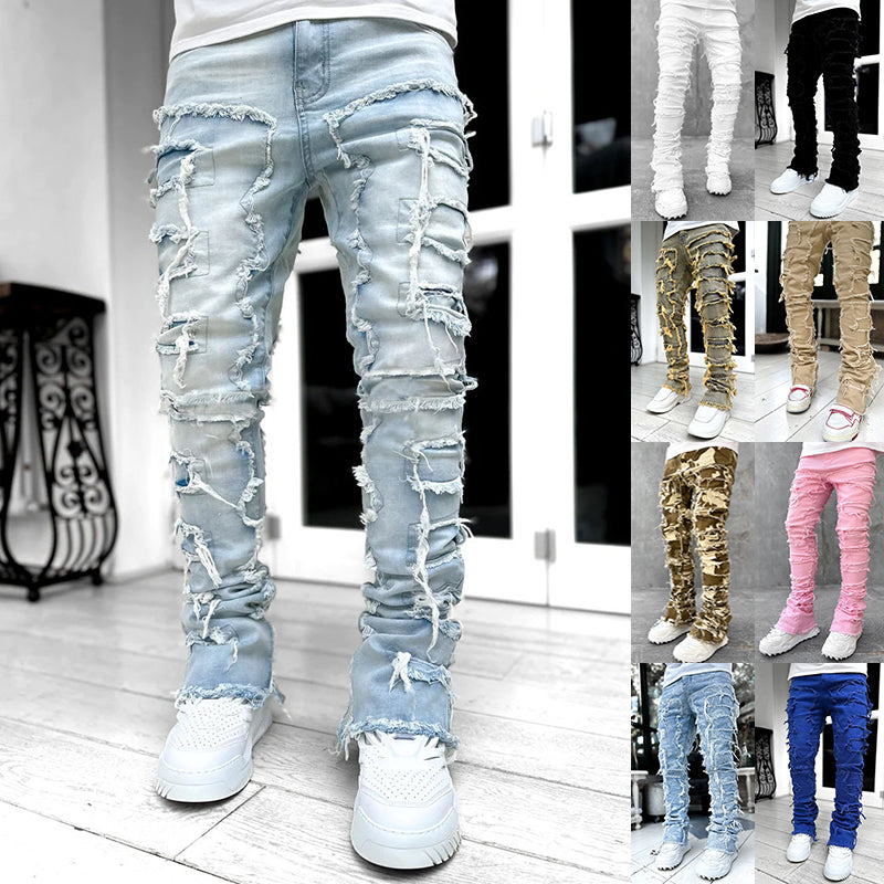 Ins Fringes Ripped Trousers Individual Patched Pants Long Tight Fit Stacked Jeans For Men's Clothing