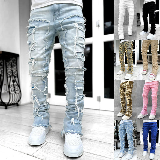 Ins Fringes Ripped Trousers Individual Patched Pants Long Tight Fit Stacked Jeans For Men's Clothing
