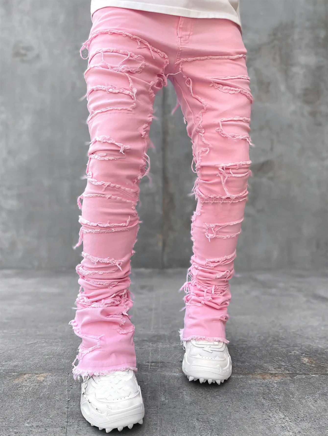 Ins Fringes Ripped Trousers Individual Patched Pants Long Tight Fit Stacked Jeans For Men's Clothing