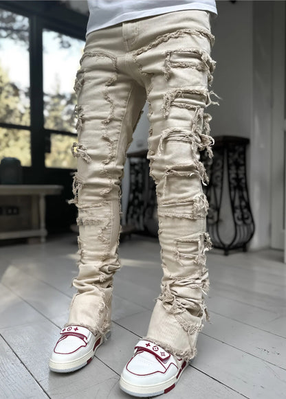 Ins Fringes Ripped Trousers Individual Patched Pants Long Tight Fit Stacked Jeans For Men's Clothing