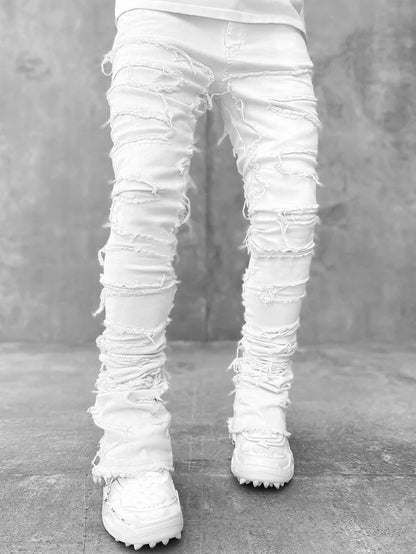 Ins Fringes Ripped Trousers Individual Patched Pants Long Tight Fit Stacked Jeans For Men's Clothing